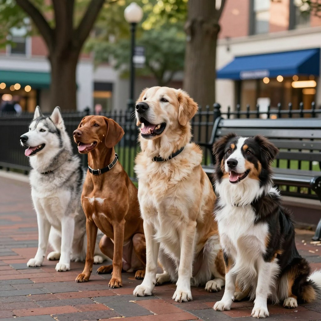 Four dogs — a husky, a vizsla, a golden retriever, and an Australian shepherd — sitting together outdoors